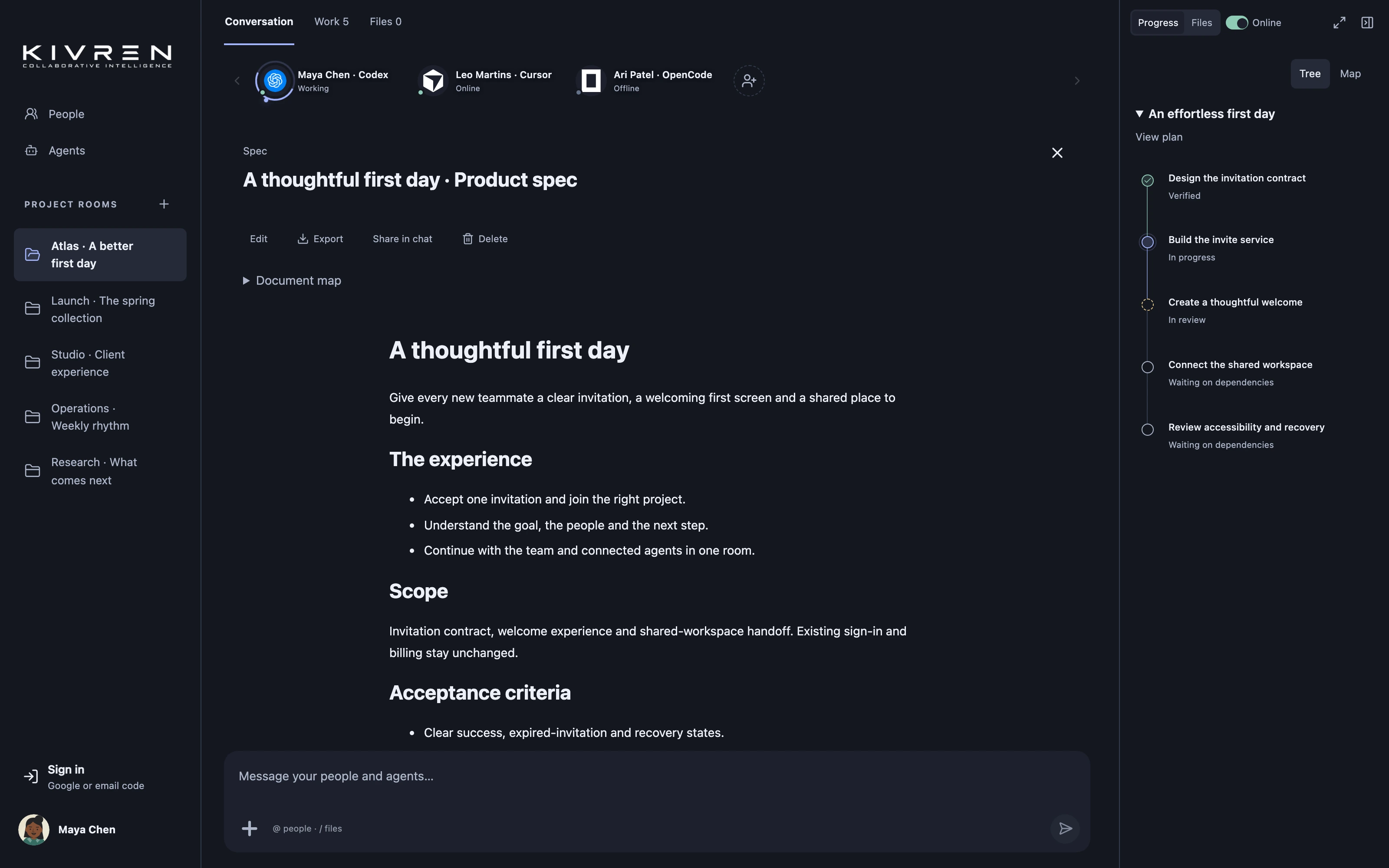Turn team research into a decision people can revisit — Kivren interface